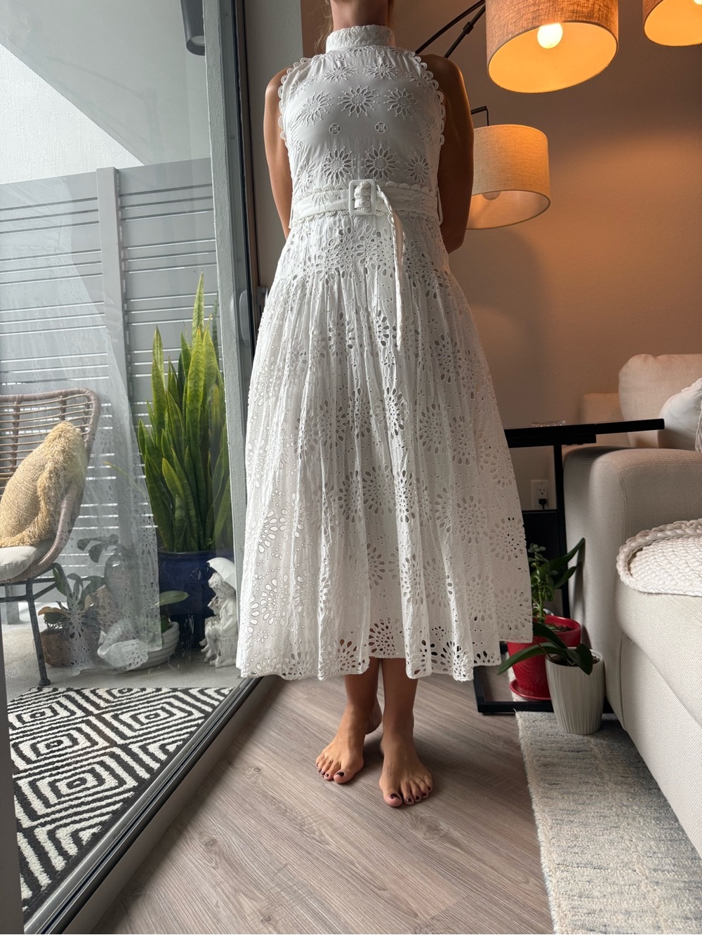 Zara White Eyelet Midi Dress-Skirt with Belt